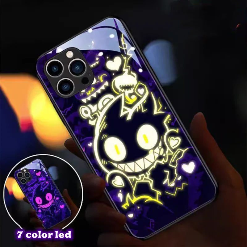 Cool Anime Gengar LED Flash Phone Case For iPhone 16 15 14 13 12 11 Pro Max XR XS Plus 7 8 SE2020 Japan Ghost LED Cover