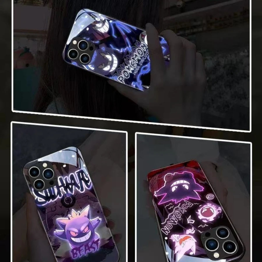 Cool Anime Gengar LED Flash Phone Case For iPhone 16 15 14 13 12 11 Pro Max XR XS Plus 7 8 SE2020 Japan Ghost LED Cover