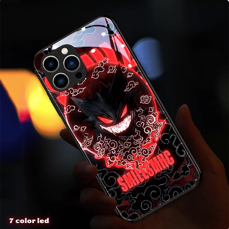 Cool Anime Gengar LED Flash Phone Case For iPhone 16 15 14 13 12 11 Pro Max XR XS Plus 7 8 SE2020 Japan Ghost LED Cover