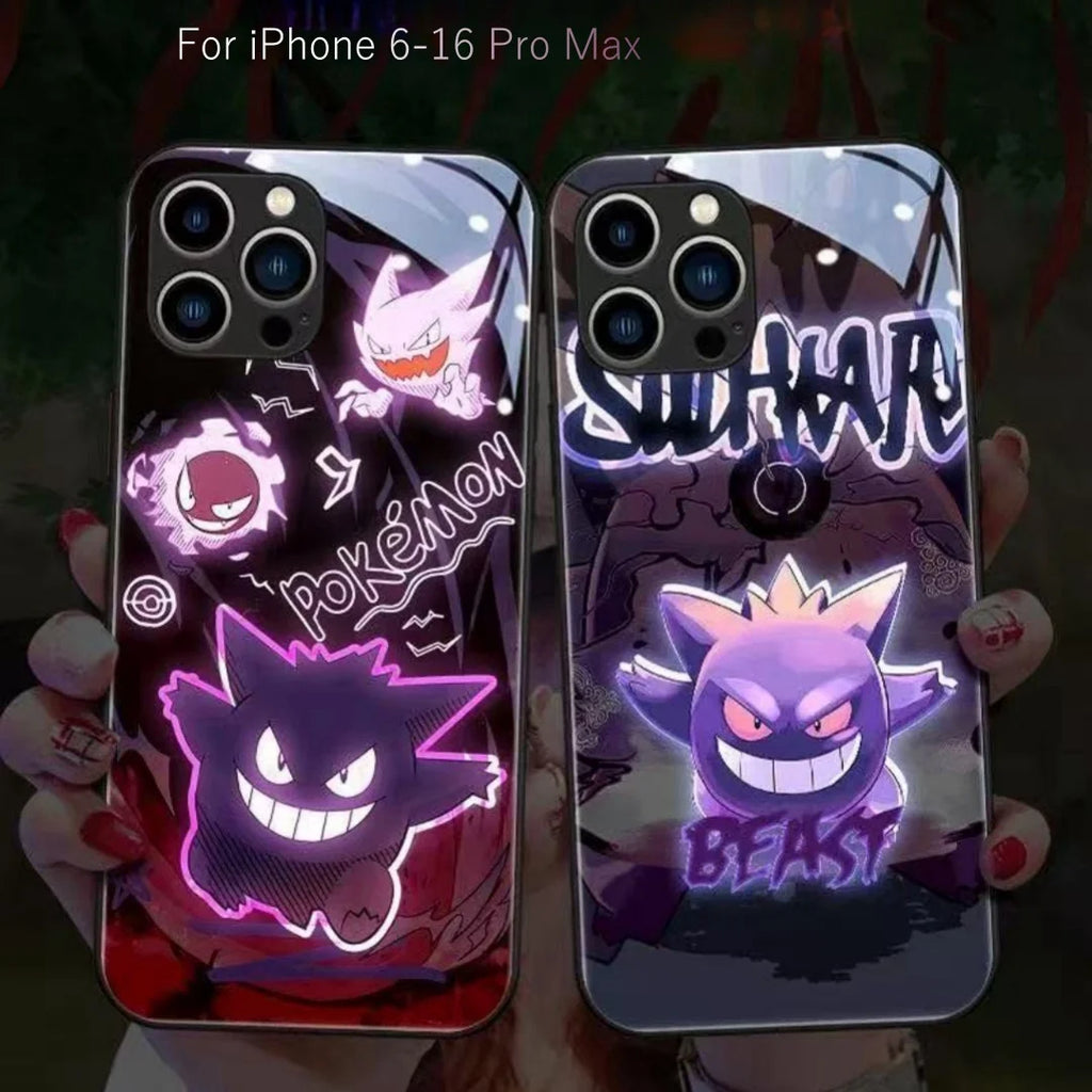 Cool Anime Gengar LED Flash Phone Case For iPhone 16 15 14 13 12 11 Pro Max XR XS Plus 7 8 SE2020 Japan Ghost LED Cover