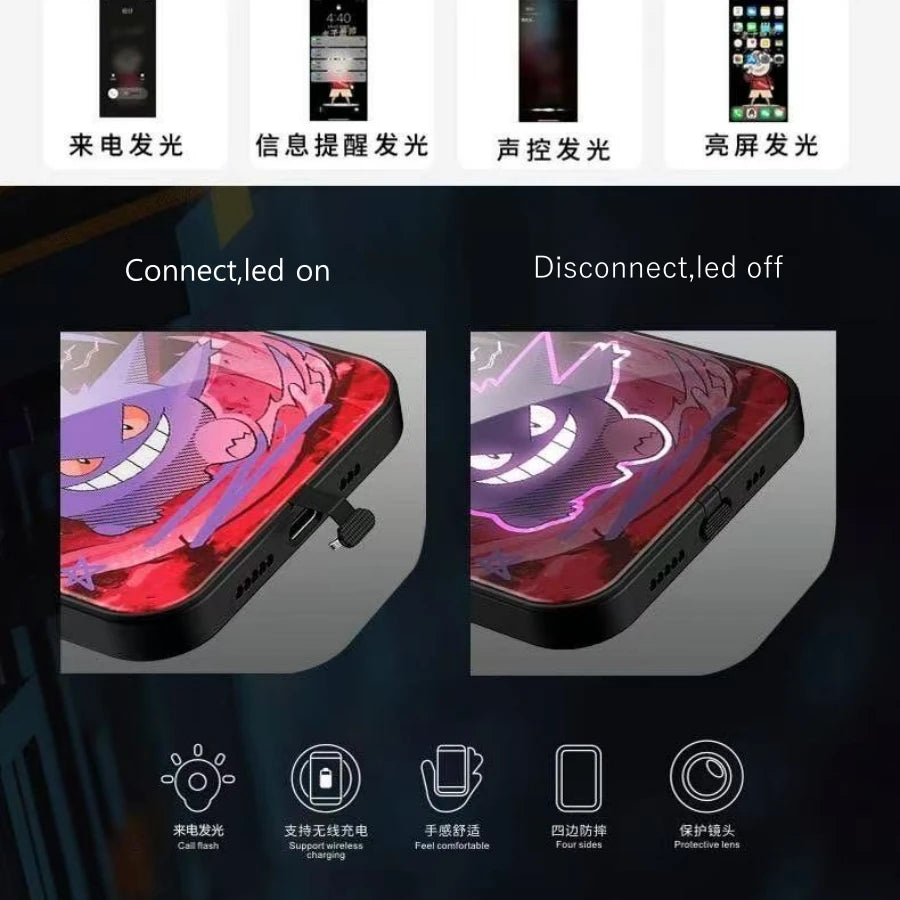 Cool Anime Gengar LED Flash Phone Case For iPhone 16 15 14 13 12 11 Pro Max XR XS Plus 7 8 SE2020 Japan Ghost LED Cover