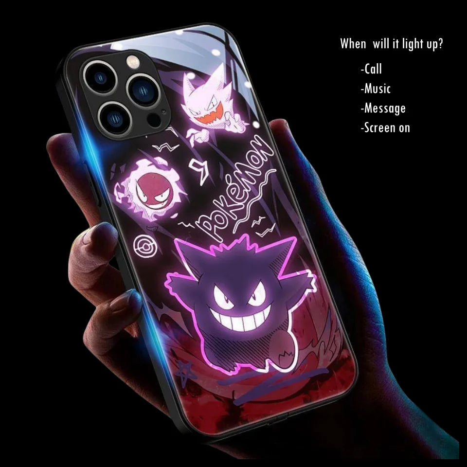 Cool Anime Gengar LED Flash Phone Case For iPhone 16 15 14 13 12 11 Pro Max XR XS Plus 7 8 SE2020 Japan Ghost LED Cover